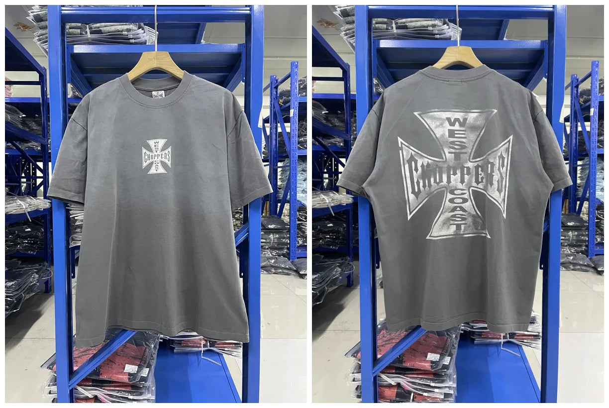 New fashion Y2K West Coast Choppers 26SS 1972 Retro Modified Car Printed Water Washed Vintage Men's Loose T-shirt Large Top