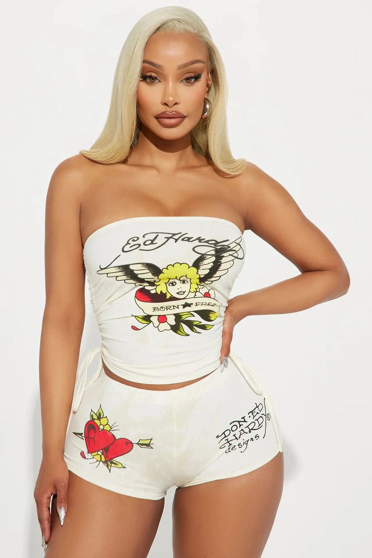 Women Graphic Print Strapless Tube Top Shorts Set Y2K Two Piece Outfit Sexy Bandeau Crop Top High Waist Bodycon Shorts Matching Set Summer Streetwear Going Out Outfit Clubwear Festival Clothes Vacation Beach Casual Co Ord Set