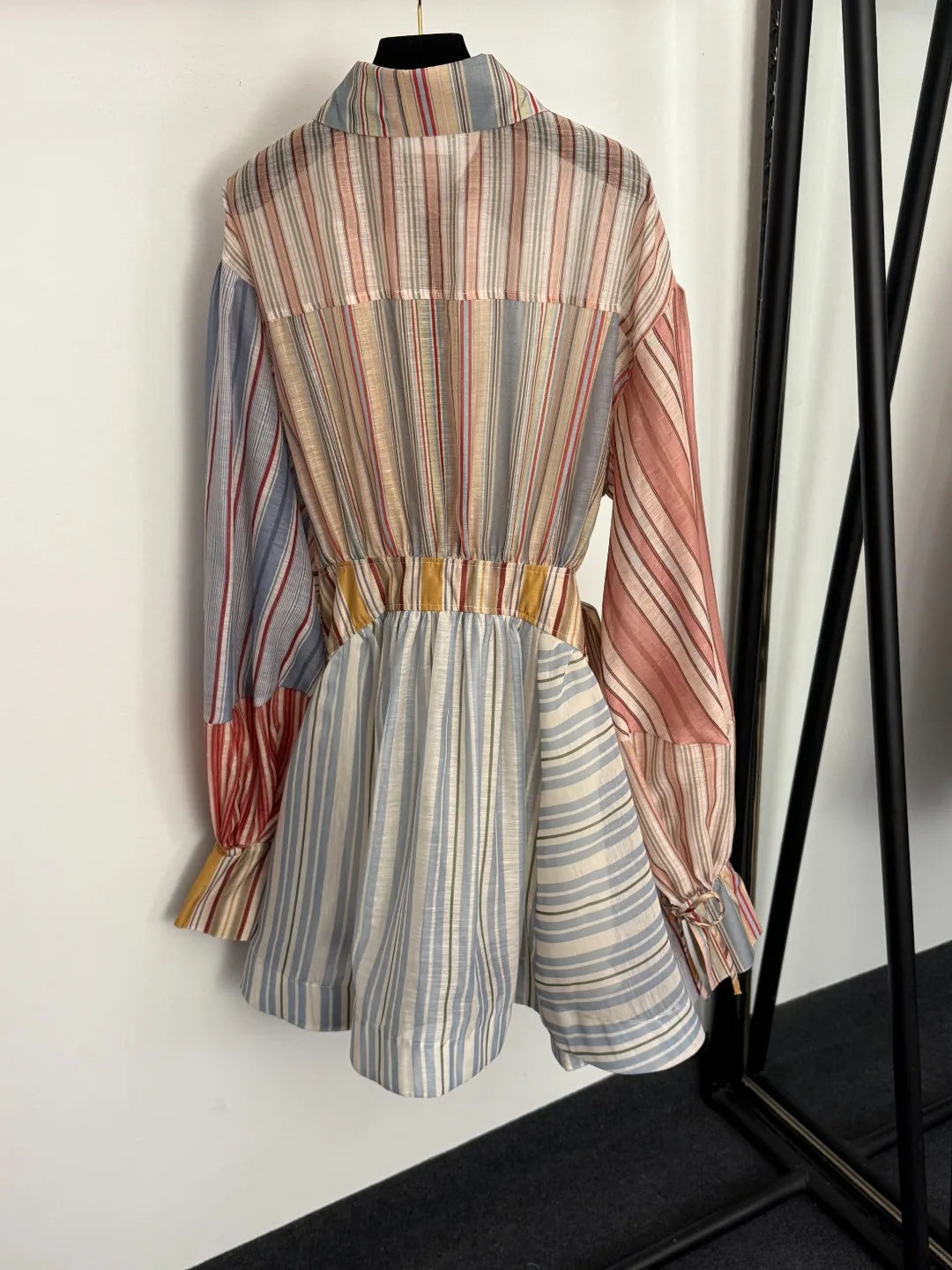 Summer New Style Women's Color-blocked Striped Lace-wrapped Fitted Floor-length Long-sleeved Blouse Dress