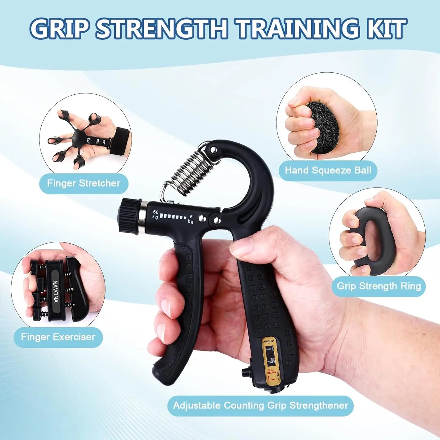 Grip Trainer Kit Adjustable Hand Gripper Finger Exercisers Stress Ball