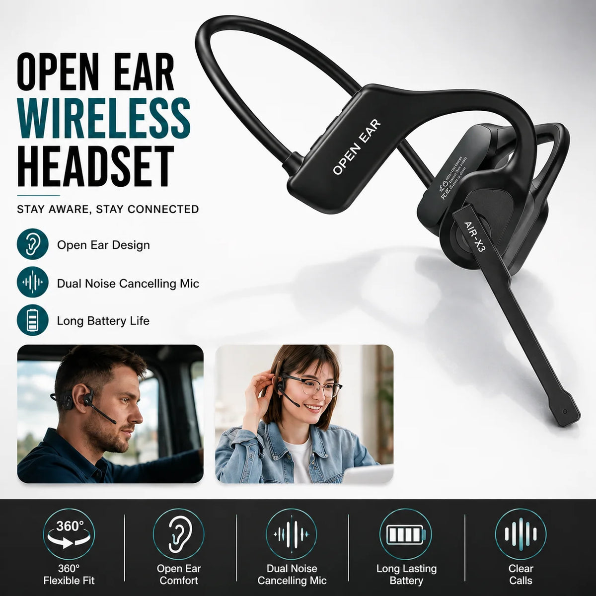 Bluetooth 5.3 Open Ear Bone Conduction Headset Noise Cancelling Mic