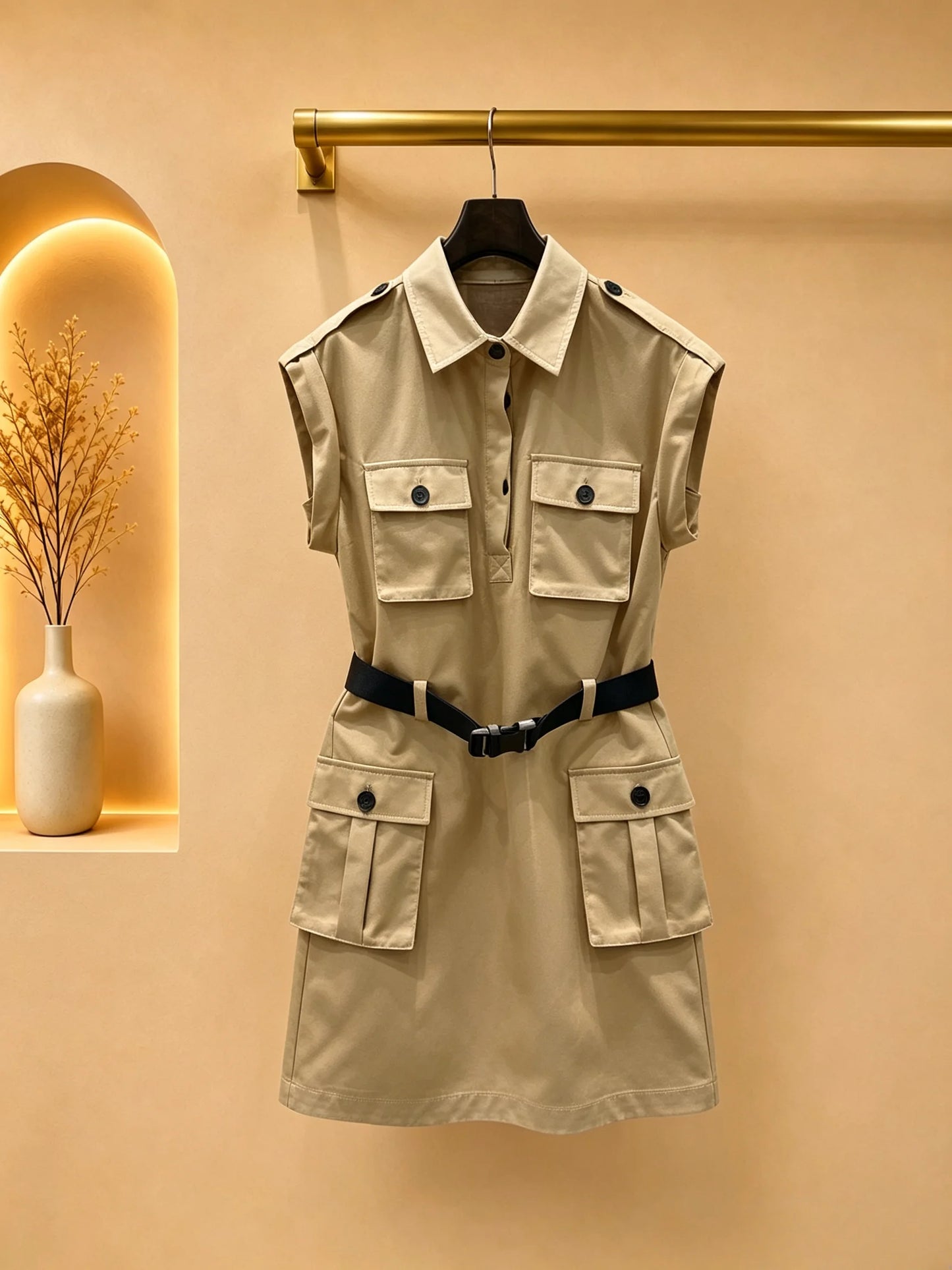 2026 Women Dress Refined Sleeveless Cargo Dress Lapel Collar Multi Pocket Short Dress All Over Printed Full Lining