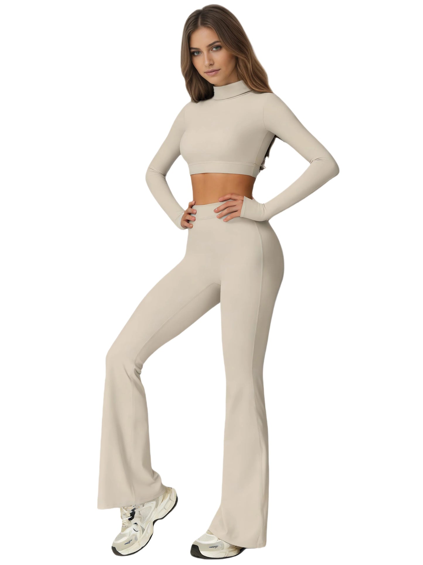 Women's Turtleneck Long Sleeve Yoga Set With Back Cutout Flare Pants