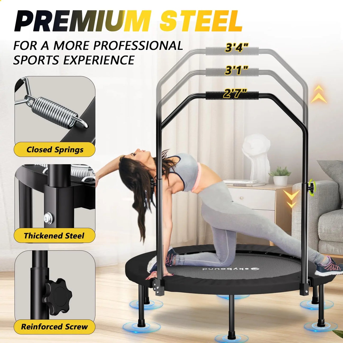 Premium Adult Fitness Rebounder Trampoline With Adjustable Handle