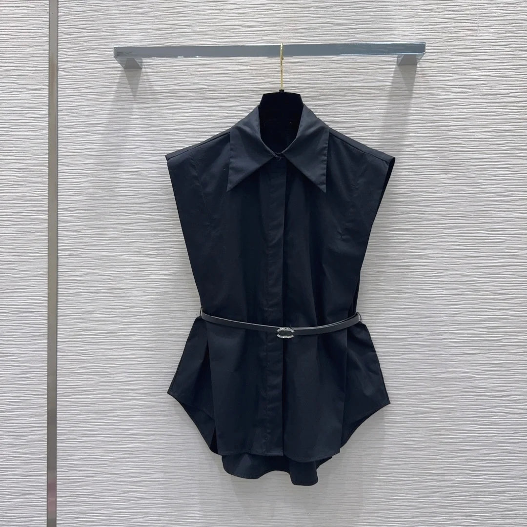 Women Sleeveless Lapel Button Top With Belt Cotton Summer Fashion