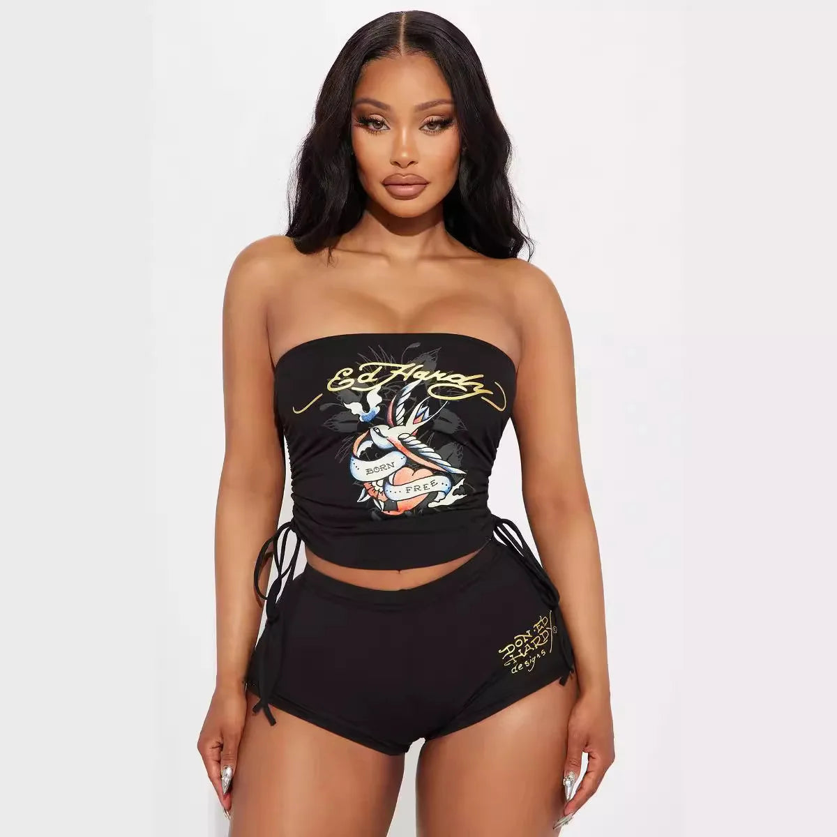 Women Graphic Print Strapless Tube Top Shorts Set Y2K Two Piece Outfit Sexy Bandeau Crop Top High Waist Bodycon Shorts Matching Set Summer Streetwear Going Out Outfit Clubwear Festival Clothes Vacation Beach Casual Co Ord Set