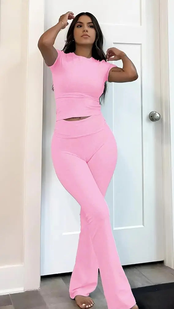 Women's Two Piece Yoga Set Short Sleeve Top Flared Pants
