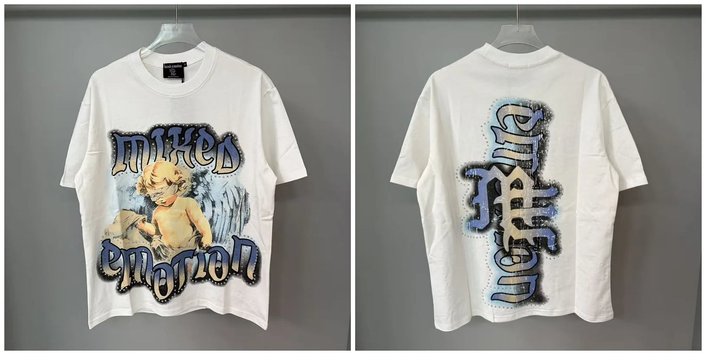 New MIXED-EMOTION Rhinestone printed pattern 100% cotton Men Women T-shirt Loose casual Shinning Diamond Tees Oversized Top
