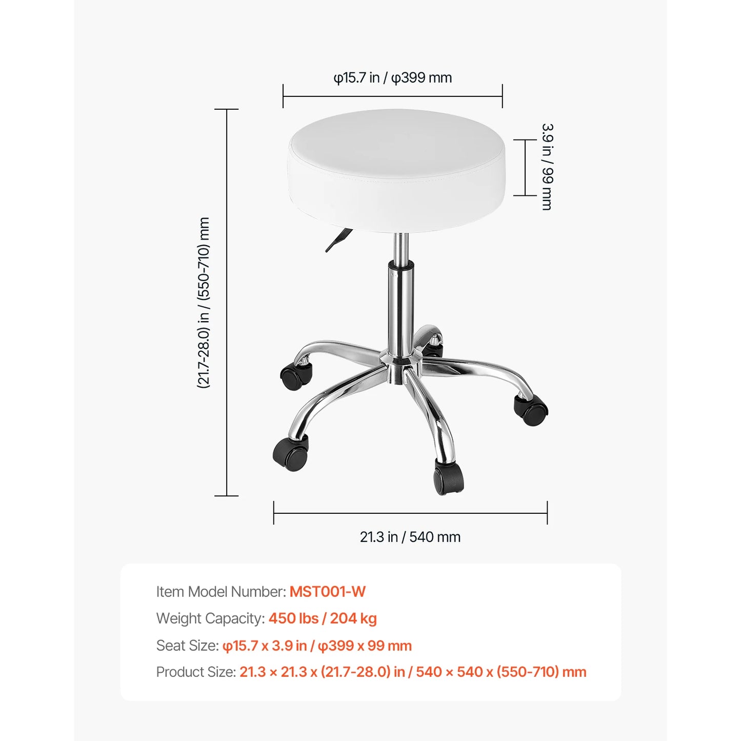 VEVOR Rolling Stool With Wheels Adjustable 450 LBS Capacity