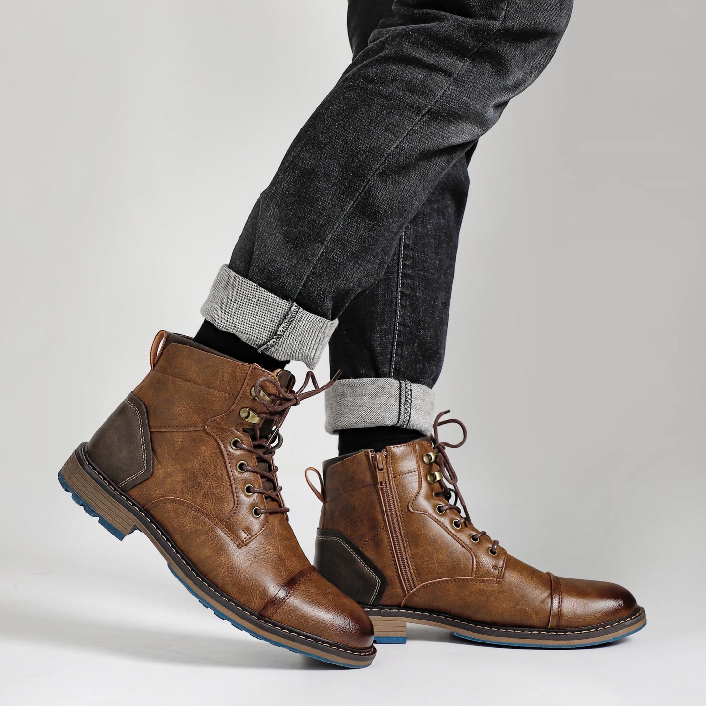 Hecrafted Retro Ankle Leather Boots Zip Closure For Men