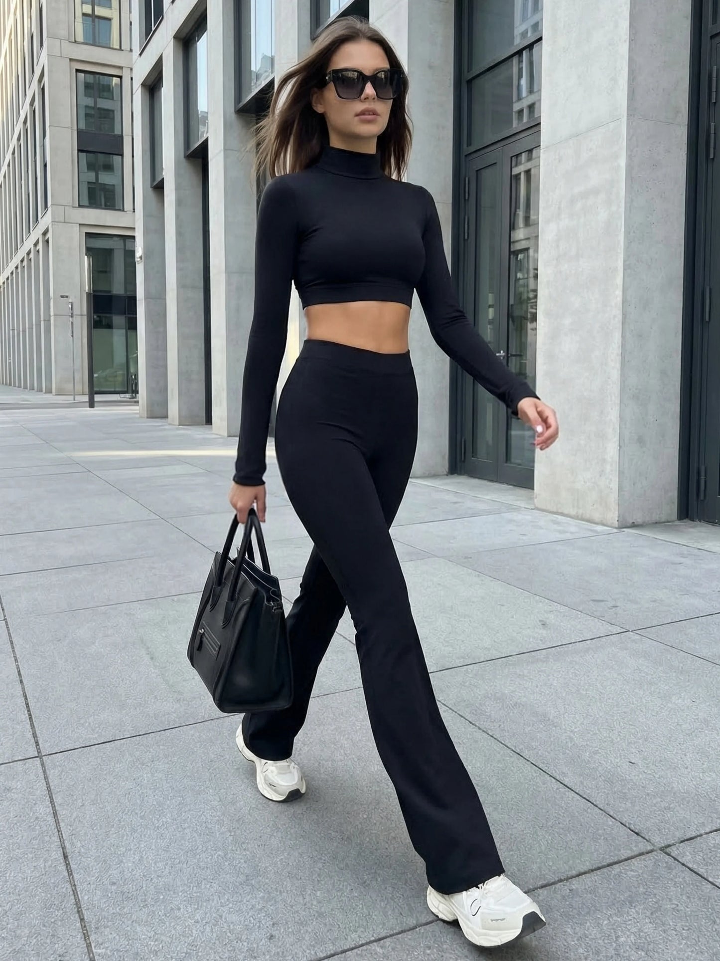 Women's Turtleneck Long Sleeve Yoga Set With Back Cutout Flare Pants