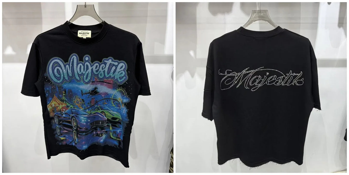 2026 Summer New MAJESTIK Men's T-shirt with Letter Hotfix Rhinestone Print Breathable Lightweight Casual Hip-Hop Style 100% Cotton Men/women T-shirt