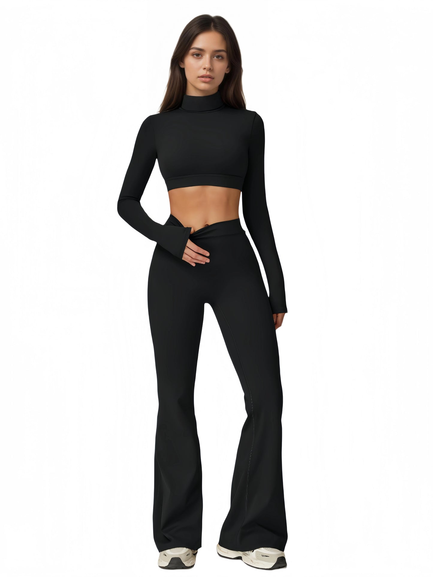 Women's Turtleneck Long Sleeve Yoga Set With Back Cutout Flare Pants
