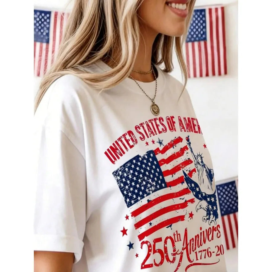 【New style】250th America Anniversary Elegant Women Clothes US 250 Years Shirt Retro Women Clothing 100 Persent Cotton Round Nec