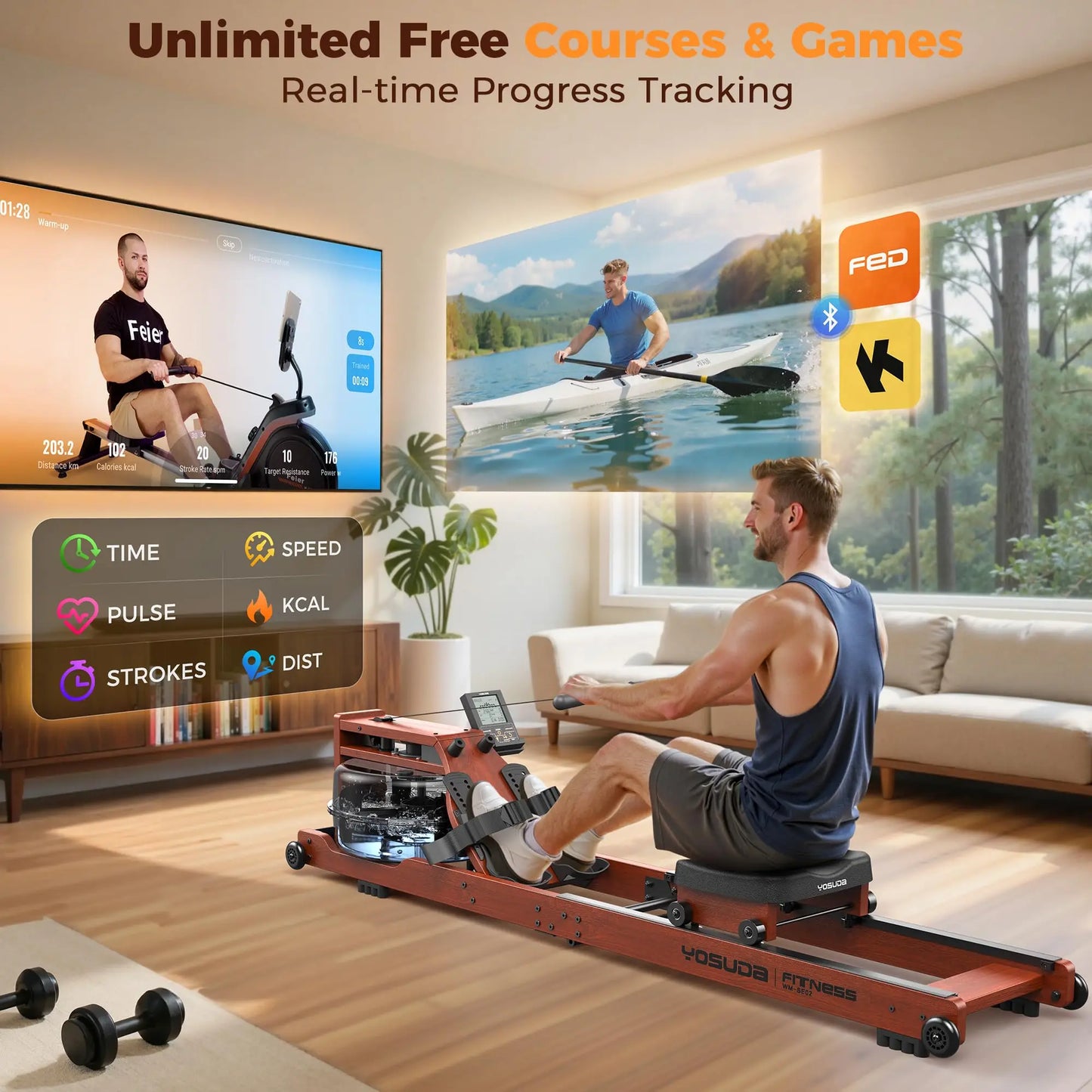YOSUDA Water Rowing Machine For Home Use Foldable Monitor Bluetooth