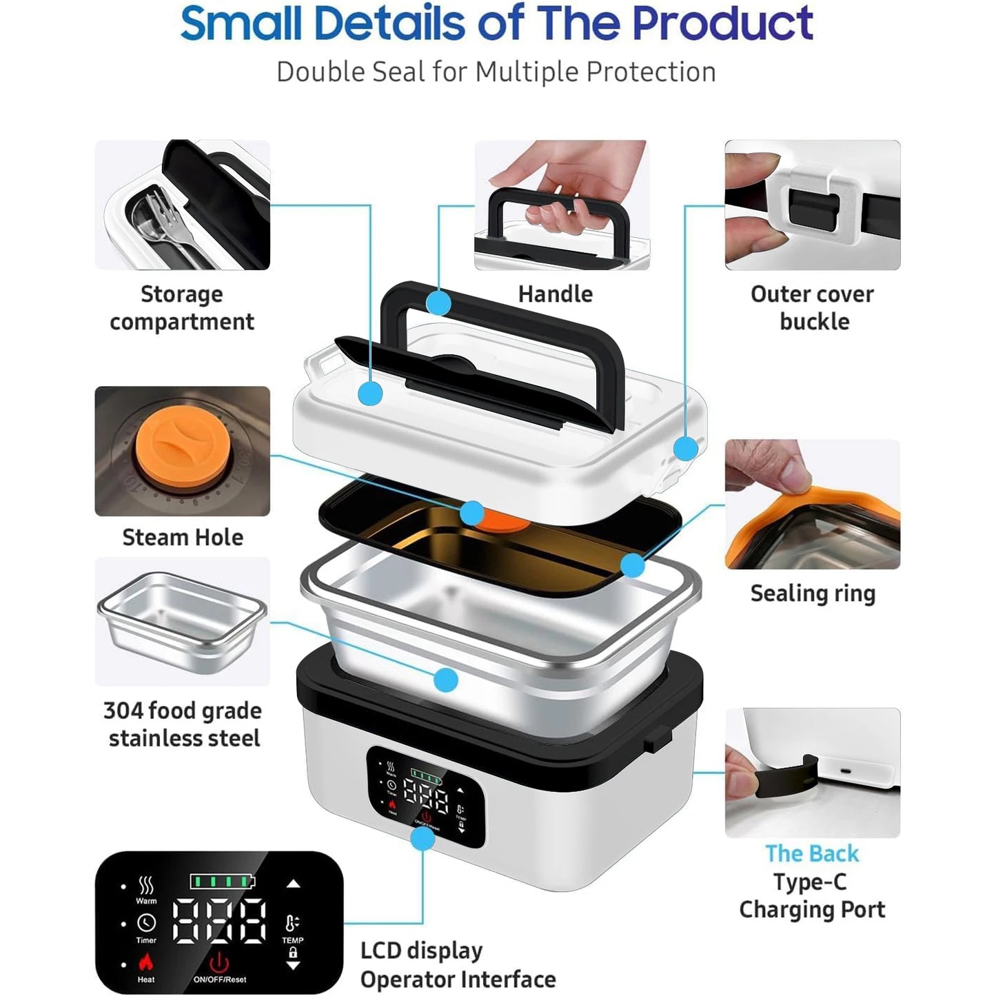 Rechargeable 8000mAh Timer Lunch Box Warmer With Fork And Spoon