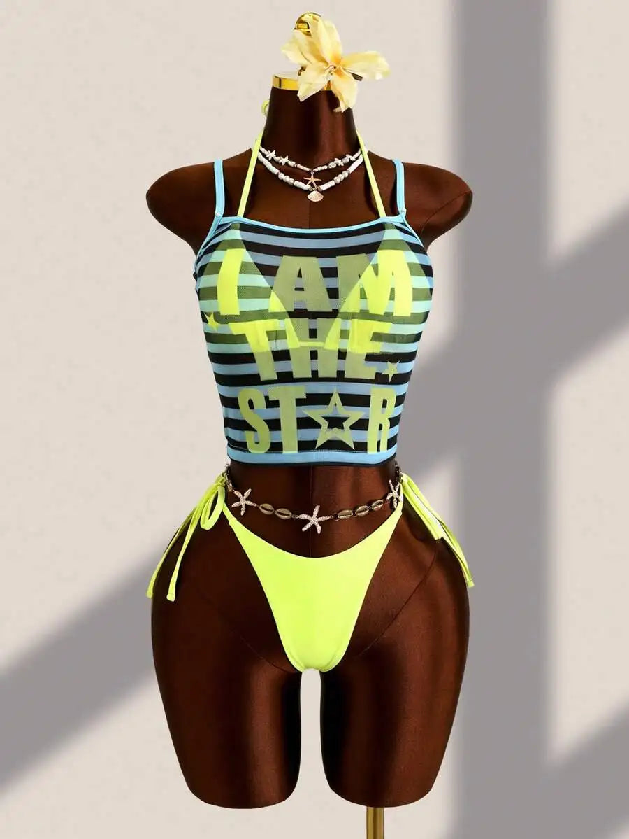 3-Piece Beach Set: Striped Camisole Top With I Am The Star Print, Pink Side Tie Bikini Bottoms, Y2K Style Swimwear