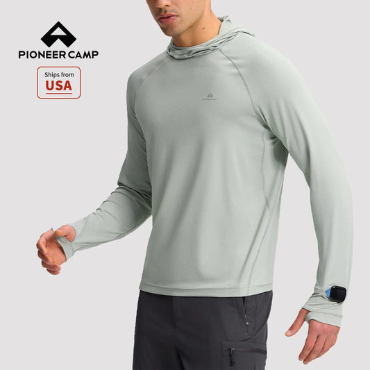 Pioneer Camp Men's UPF 50+ Sun Hoodie Shirt Long Sleeve Quick Dry Rash Guard Thumb Holes Watch Window Fishing Hiking Golf