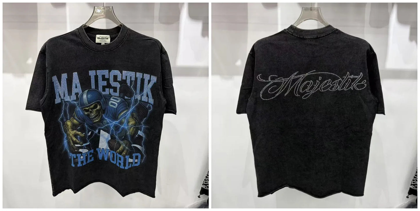 2026 Summer New MAJESTIK Men's T-shirt with Letter Hotfix Rhinestone Print Breathable Lightweight Casual Hip-Hop Style 100% Cotton Men/women T-shirt