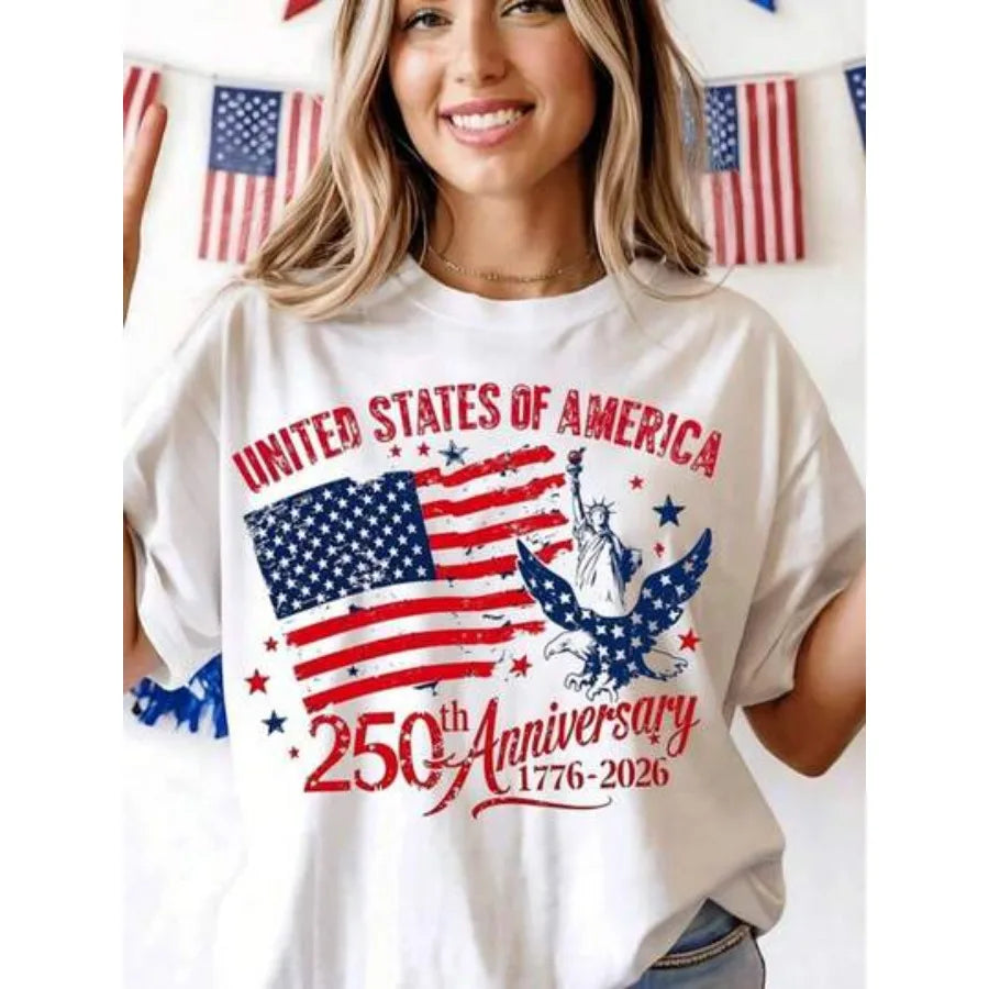 【New style】250th America Anniversary Elegant Women Clothes US 250 Years Shirt Retro Women Clothing 100 Persent Cotton Round Nec