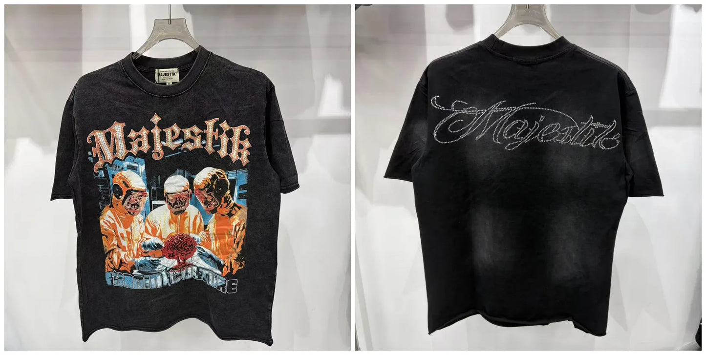 2026 Summer New MAJESTIK Men's T-shirt with Letter Hotfix Rhinestone Print Breathable Lightweight Casual Hip-Hop Style 100% Cotton Men/women T-shirt