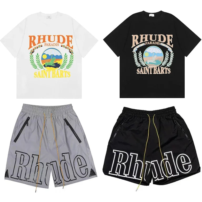 New Collection RHUDE Men's Casual Shorts with Letter Printing Elastic Waistband Loose and Breathable High Quality Beach Shorts