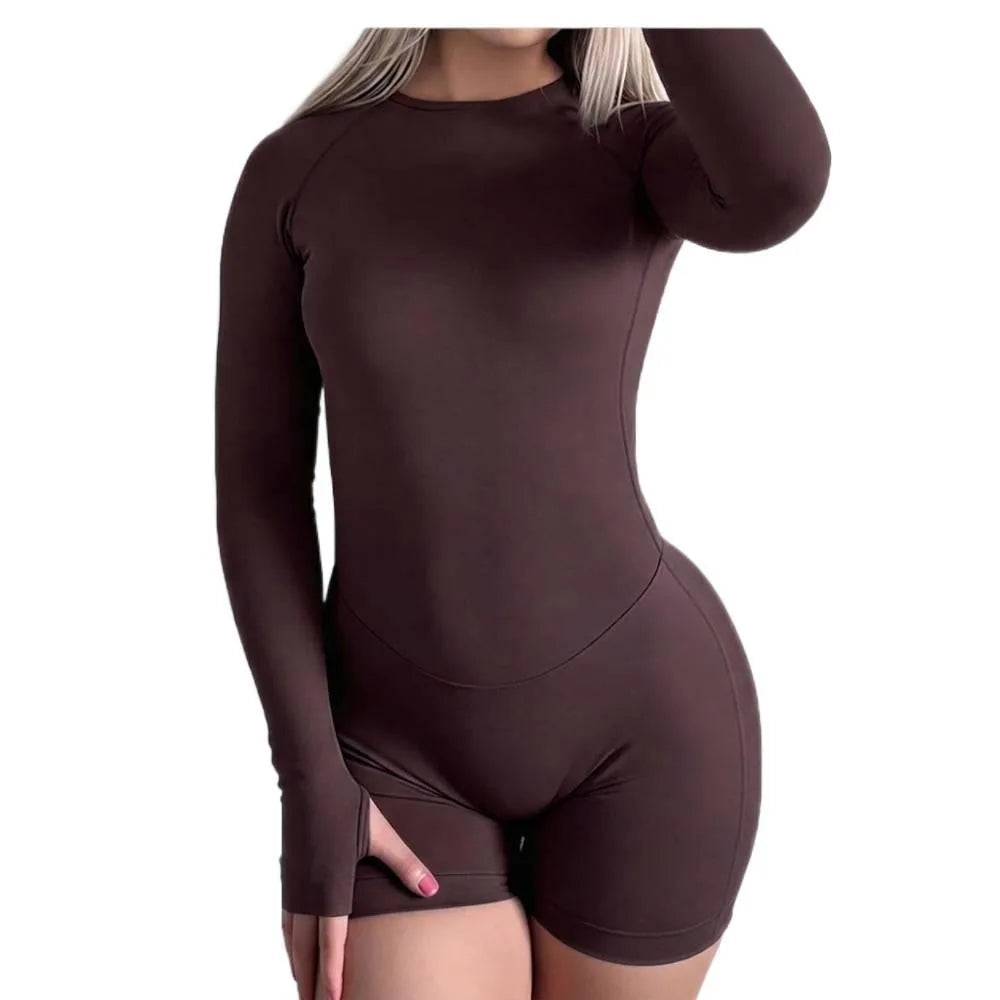 Women Long Sleeve Yoga Jumpsuit Shorts Seamless Knit Open Back One Piece Workout Romper Nylon Stretch Gym Jumpsuit Breathable Cycling Outdoor Sports Fitness Training Daily Activewear