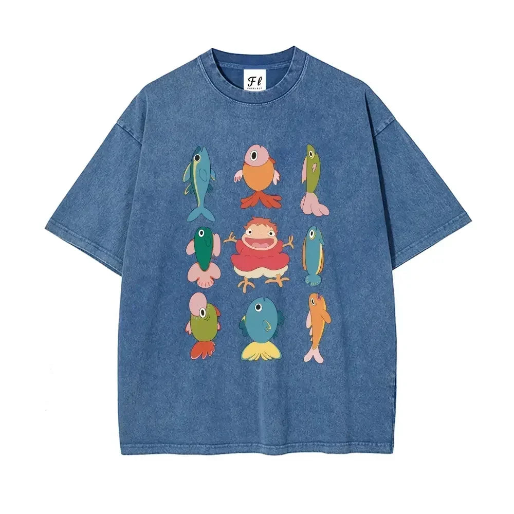 Studio Ghibli Ponyo with Colorful Fish Print Washed T-Shirt