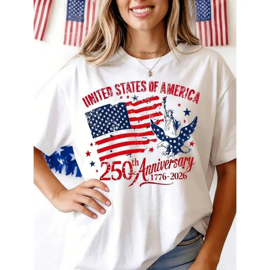 【New style】250th America Anniversary Elegant Women Clothes US 250 Years Shirt Retro Women Clothing 100 Persent Cotton Round Nec