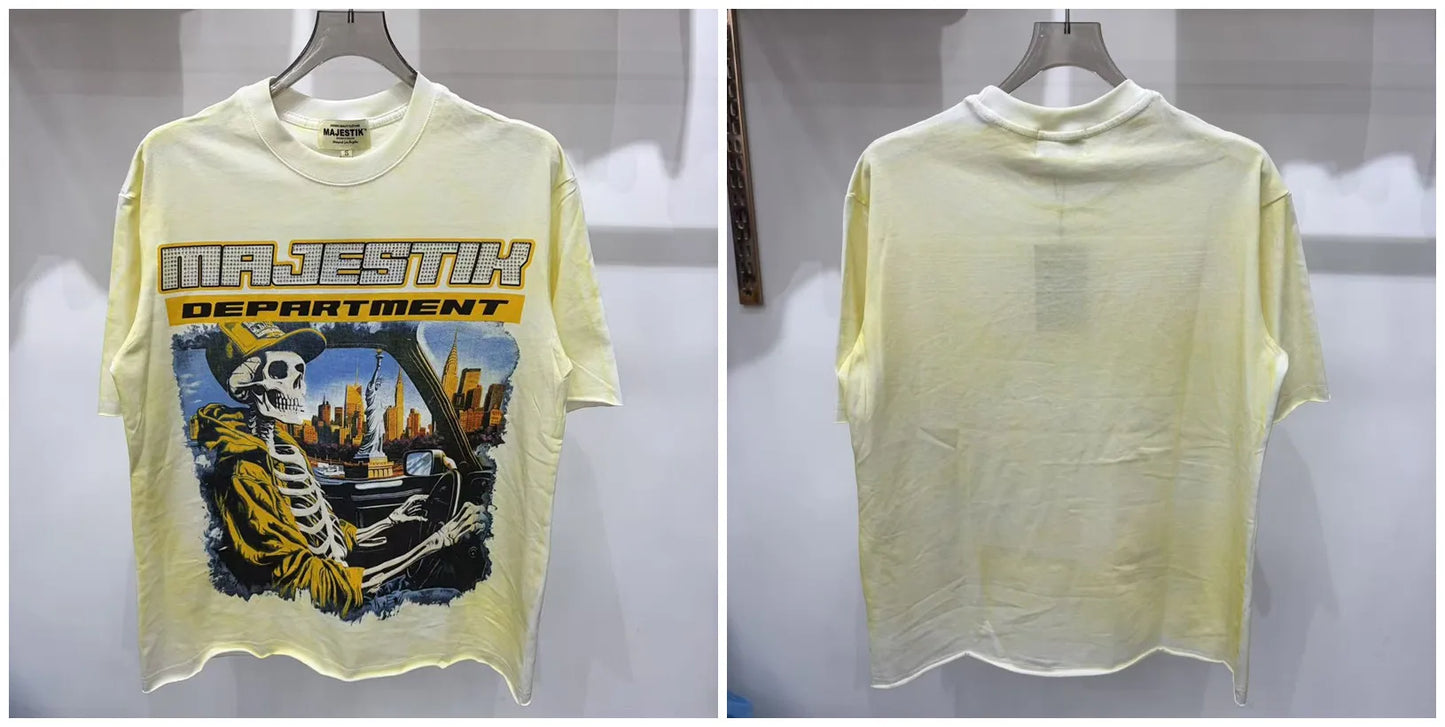 2026 Summer New MAJESTIK Men's T-shirt with Letter Hotfix Rhinestone Print Breathable Lightweight Casual Hip-Hop Style 100% Cotton Men/women T-shirt