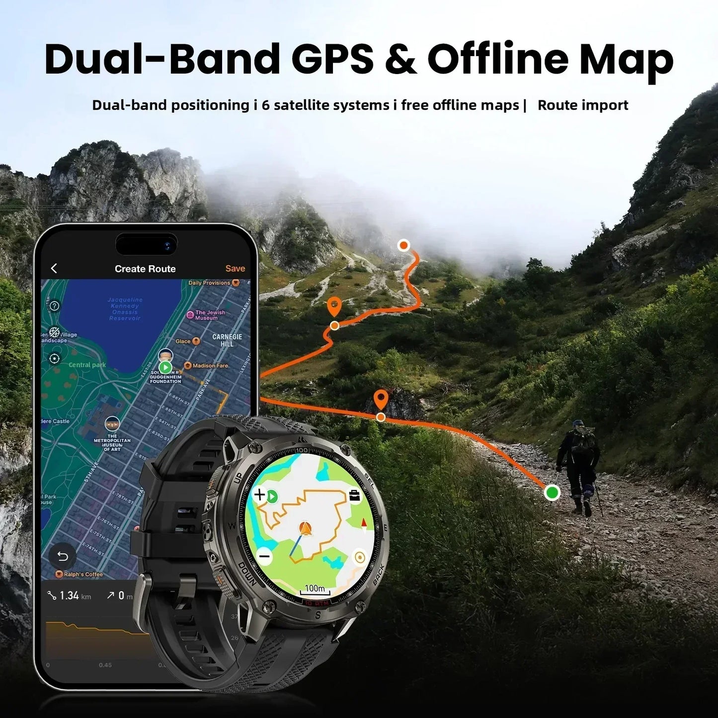 KOSPET Tank T4 Smartwatch GPS Offline Maps 10ATM Waterproof Heart Rate