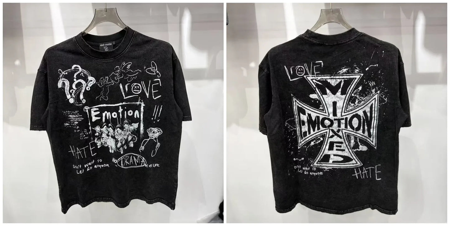 New MIXED-EMOTION Rhinestone printed pattern 100% cotton Men Women T-shirt Loose casual Shinning Diamond Tees Oversized Top