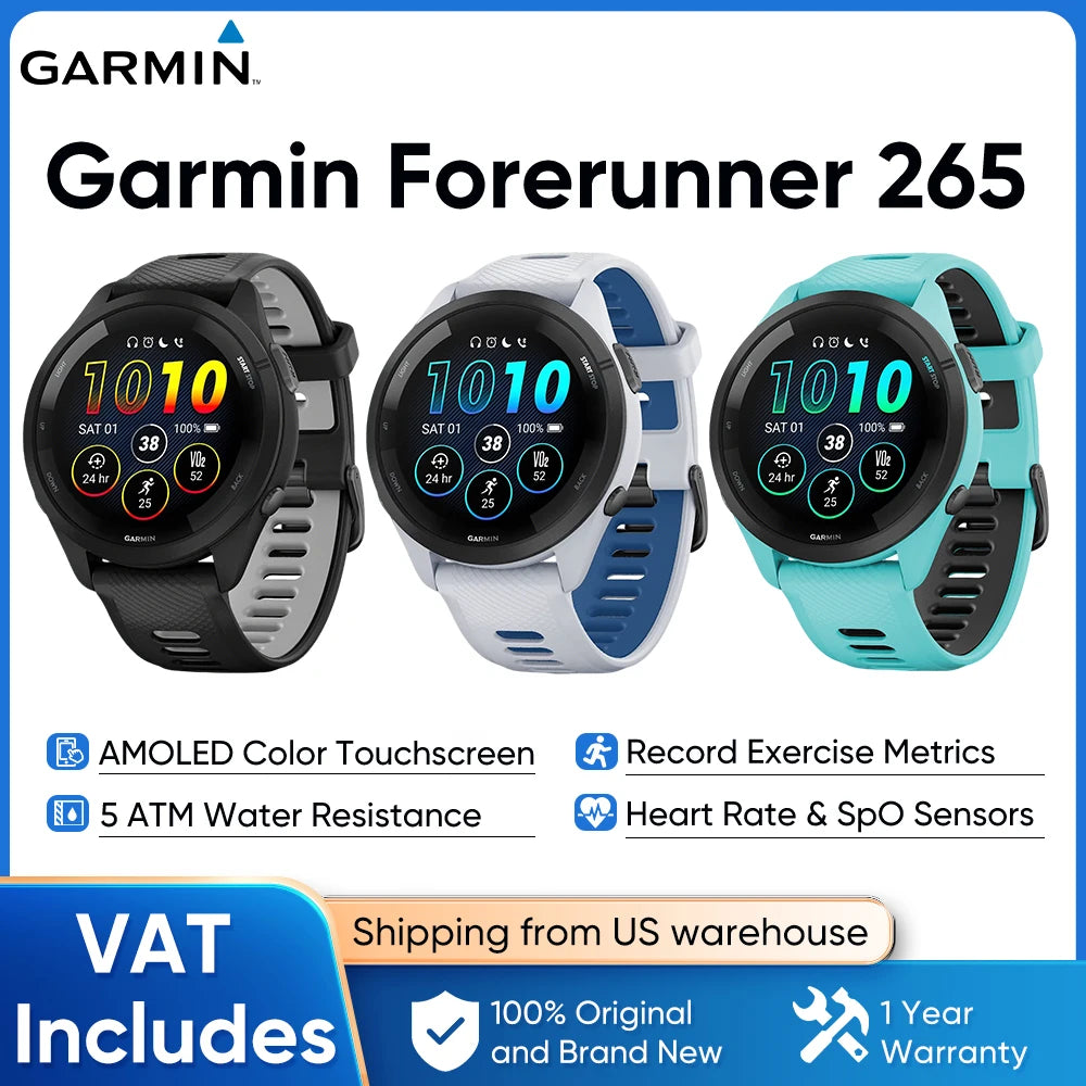 Garmin Forerunner 265 GPS Smartwatch AMOLED Display Heart Rate Monitoring