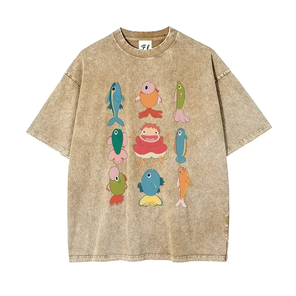 Studio Ghibli Ponyo with Colorful Fish Print Washed T-Shirt