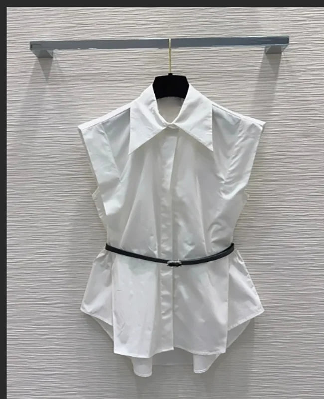 Women Sleeveless Lapel Button Top With Belt Cotton Summer Fashion