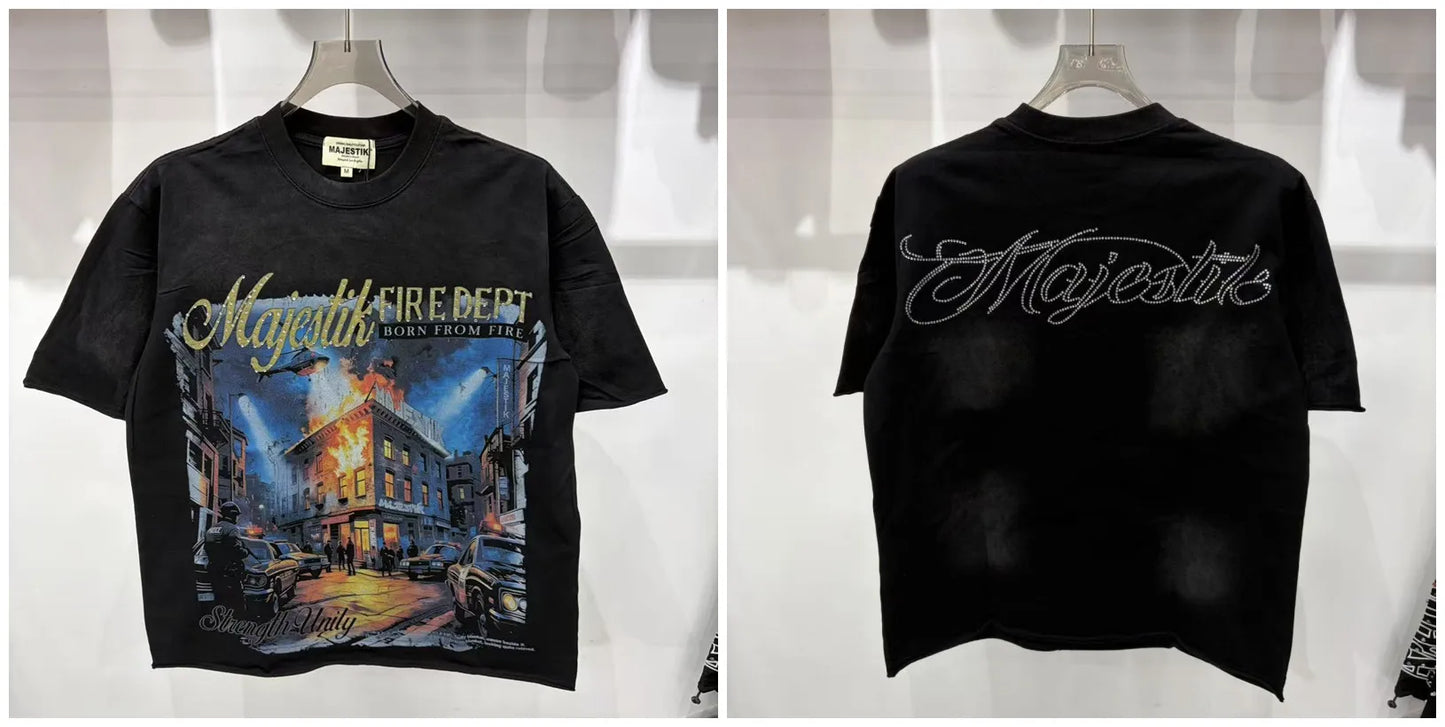 2026 Summer New MAJESTIK Men's T-shirt with Letter Hotfix Rhinestone Print Breathable Lightweight Casual Hip-Hop Style 100% Cotton Men/women T-shirt