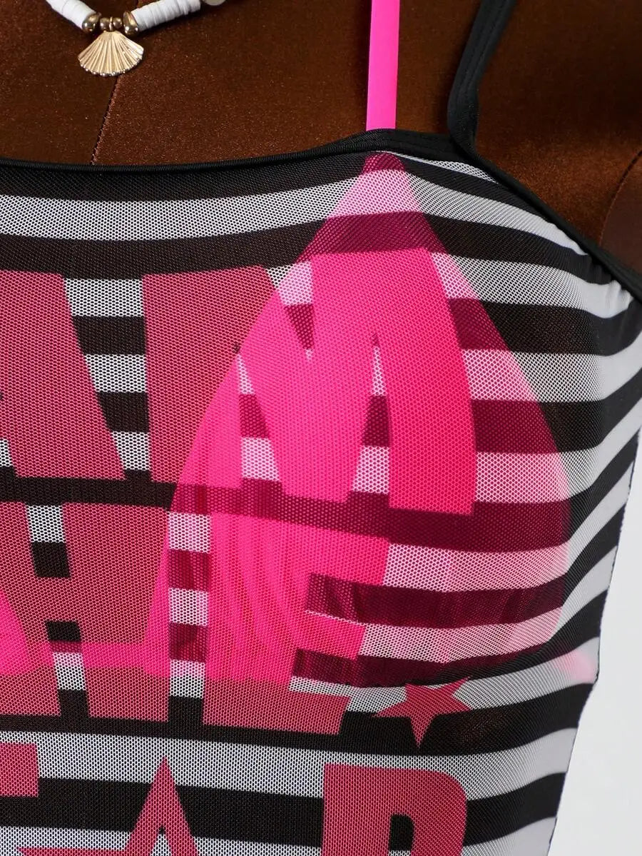 3-Piece Beach Set: Striped Camisole Top With I Am The Star Print, Pink Side Tie Bikini Bottoms, Y2K Style Swimwear