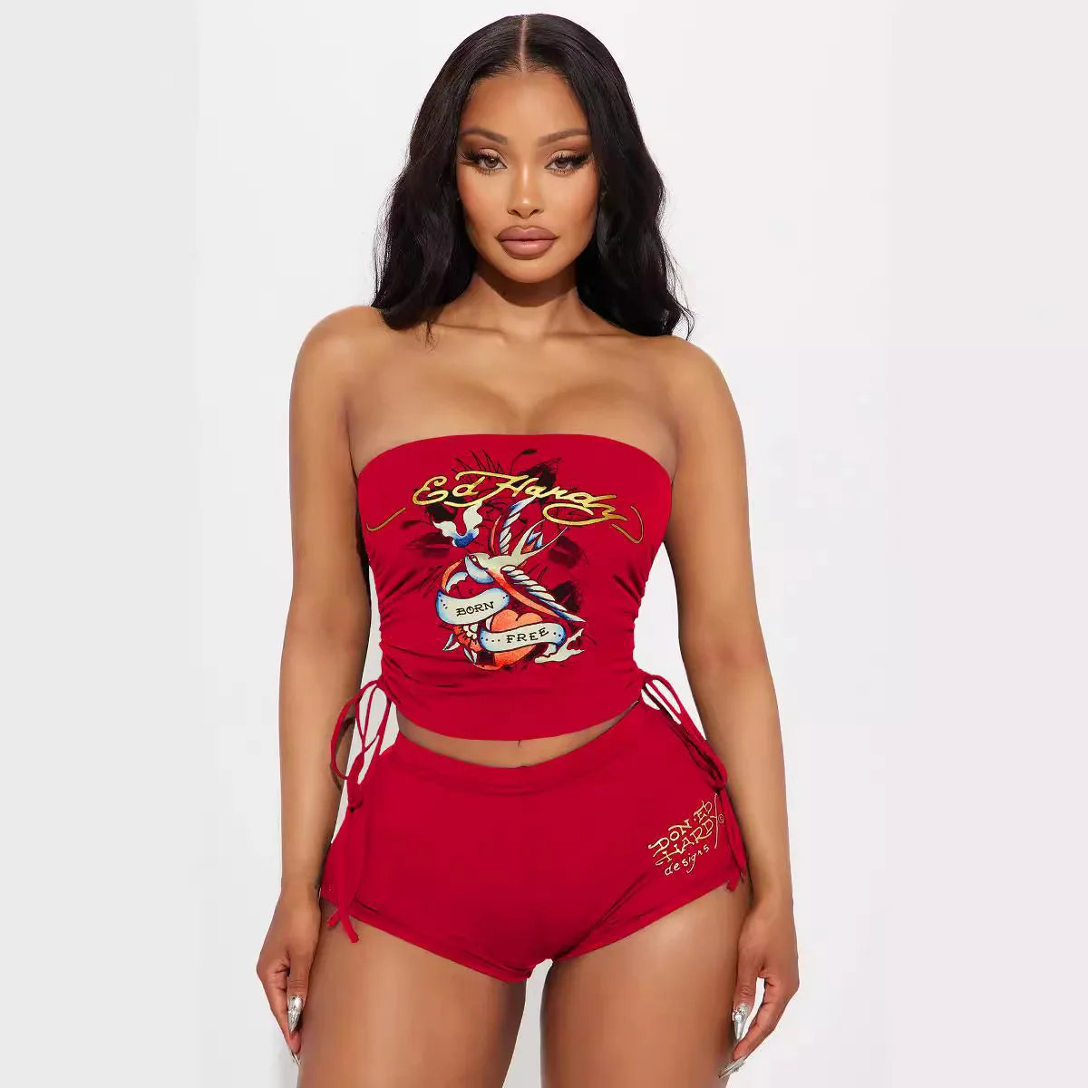 Women Graphic Print Strapless Tube Top Shorts Set Y2K Two Piece Outfit Sexy Bandeau Crop Top High Waist Bodycon Shorts Matching Set Summer Streetwear Going Out Outfit Clubwear Festival Clothes Vacation Beach Casual Co Ord Set