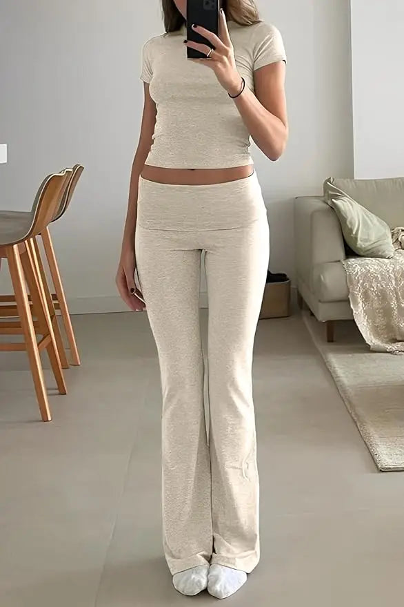 Women's Two Piece Yoga Set Short Sleeve Top Flared Pants