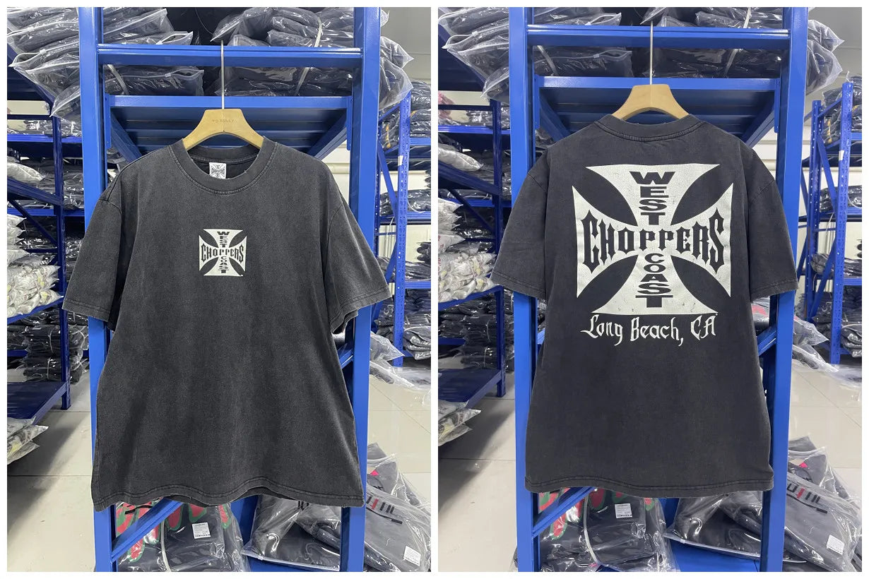 New fashion Y2K West Coast Choppers 26SS 1972 Retro Modified Car Printed Water Washed Vintage Men's Loose T-shirt Large Top