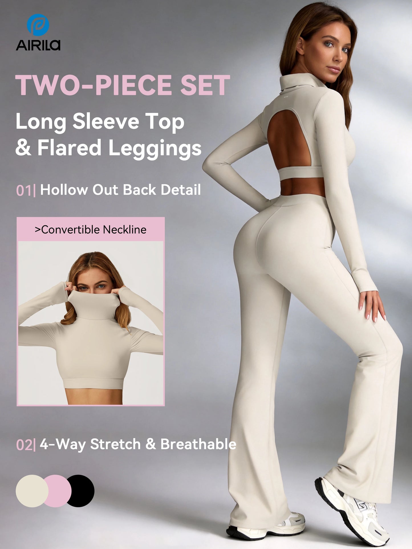 Women's Turtleneck Long Sleeve Yoga Set With Back Cutout Flare Pants