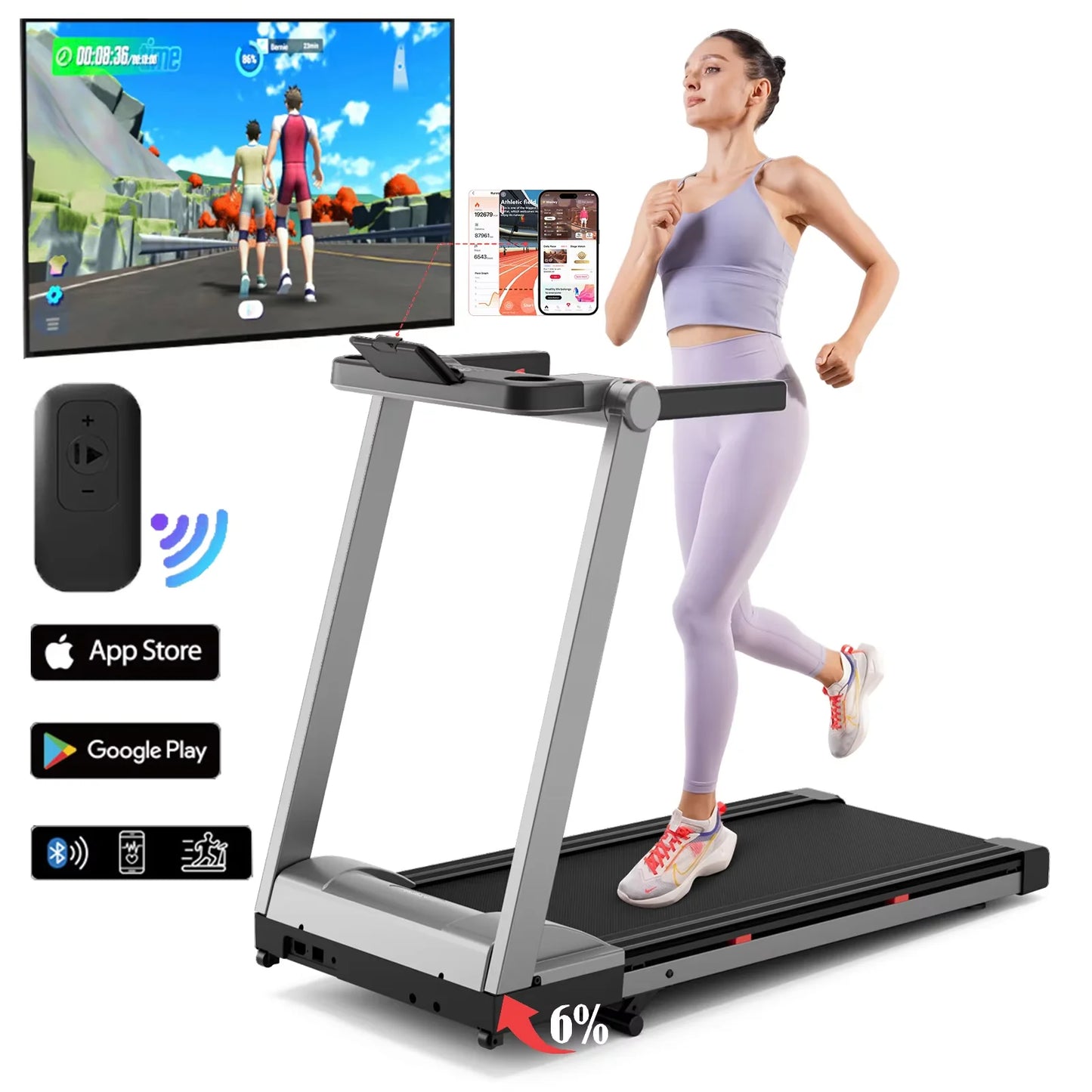Foldable Incline Treadmill With Handle Bar Touch Screen App