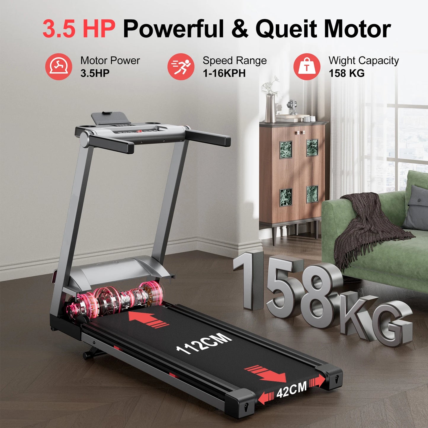 Foldable Incline Treadmill With Handle Bar Touch Screen App