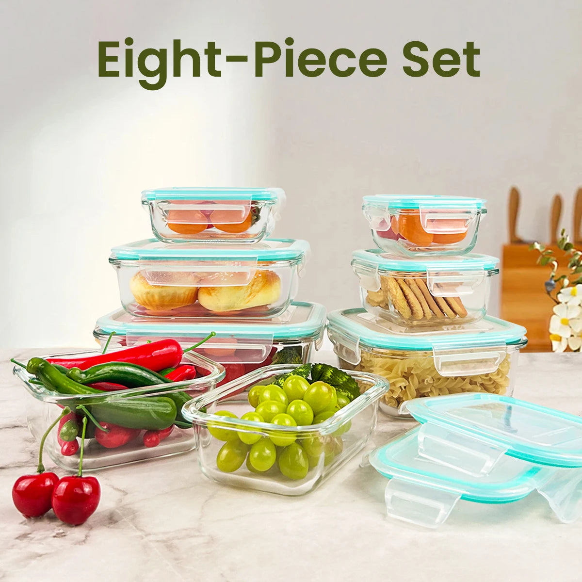 8 Piece Glass Food Storage Containers Set Leakproof Stackable