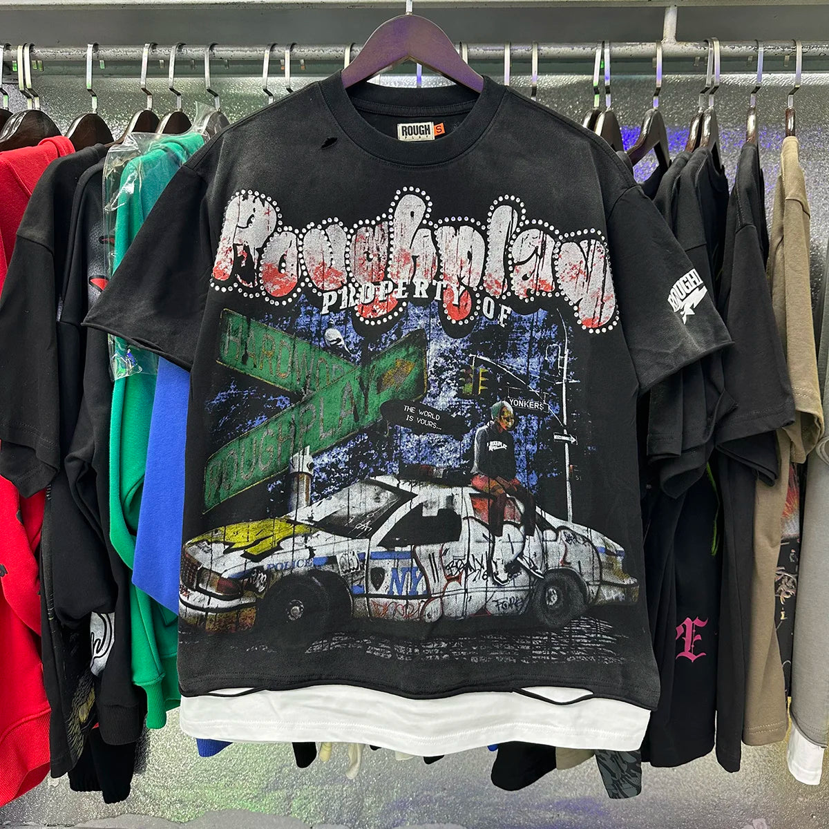 New American Style RoughPlay Splicing Shinning Diamond 100% Cotton Short Sleeve Tshirts for Men Women Crew Neck Loose Summer T-shirt Oversized Tees