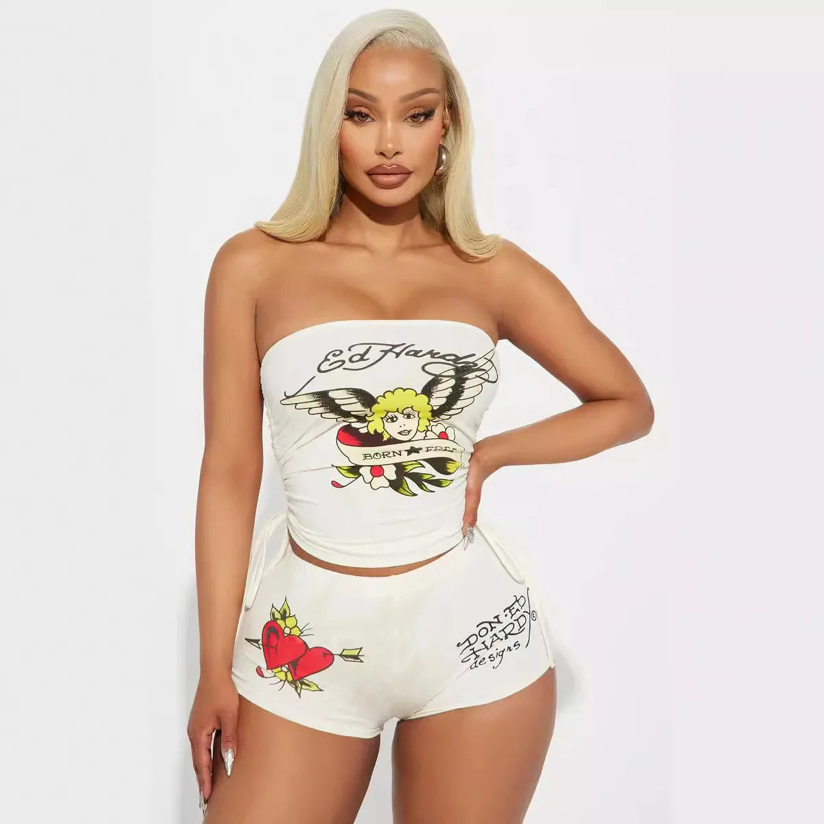 Women Graphic Print Strapless Tube Top Shorts Set Y2K Two Piece Outfit Sexy Bandeau Crop Top High Waist Bodycon Shorts Matching Set Summer Streetwear Going Out Outfit Clubwear Festival Clothes Vacation Beach Casual Co Ord Set