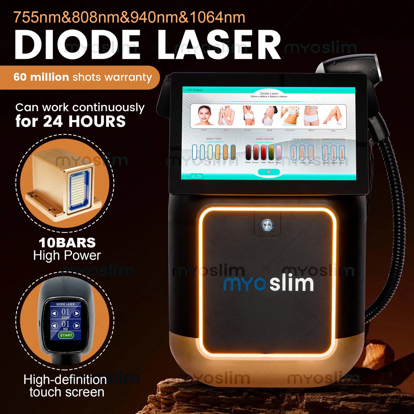 Myoslim 808nm Diode Laser Hair Removal Machine 4 Wavelengths