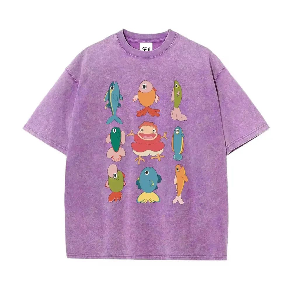 Studio Ghibli Ponyo with Colorful Fish Print Washed T-Shirt
