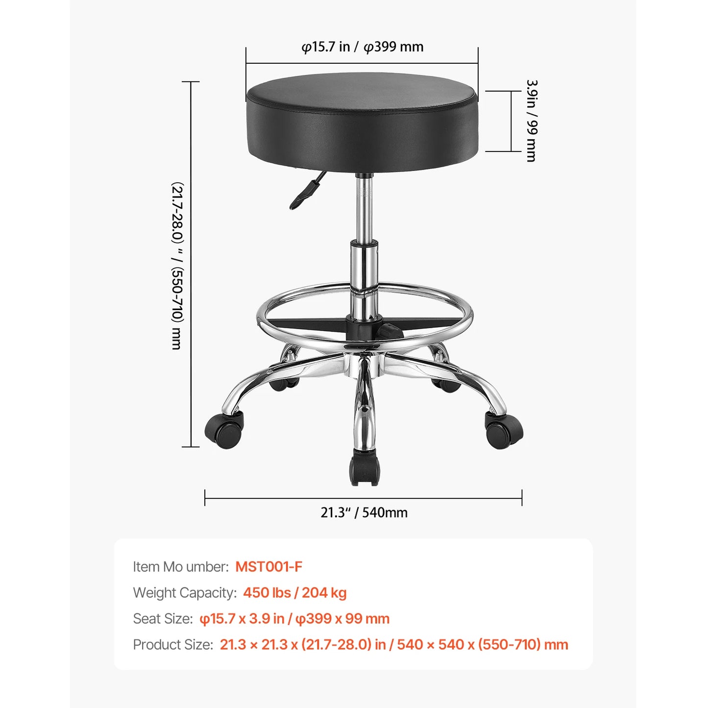 VEVOR Rolling Stool With Wheels Adjustable 450 LBS Capacity