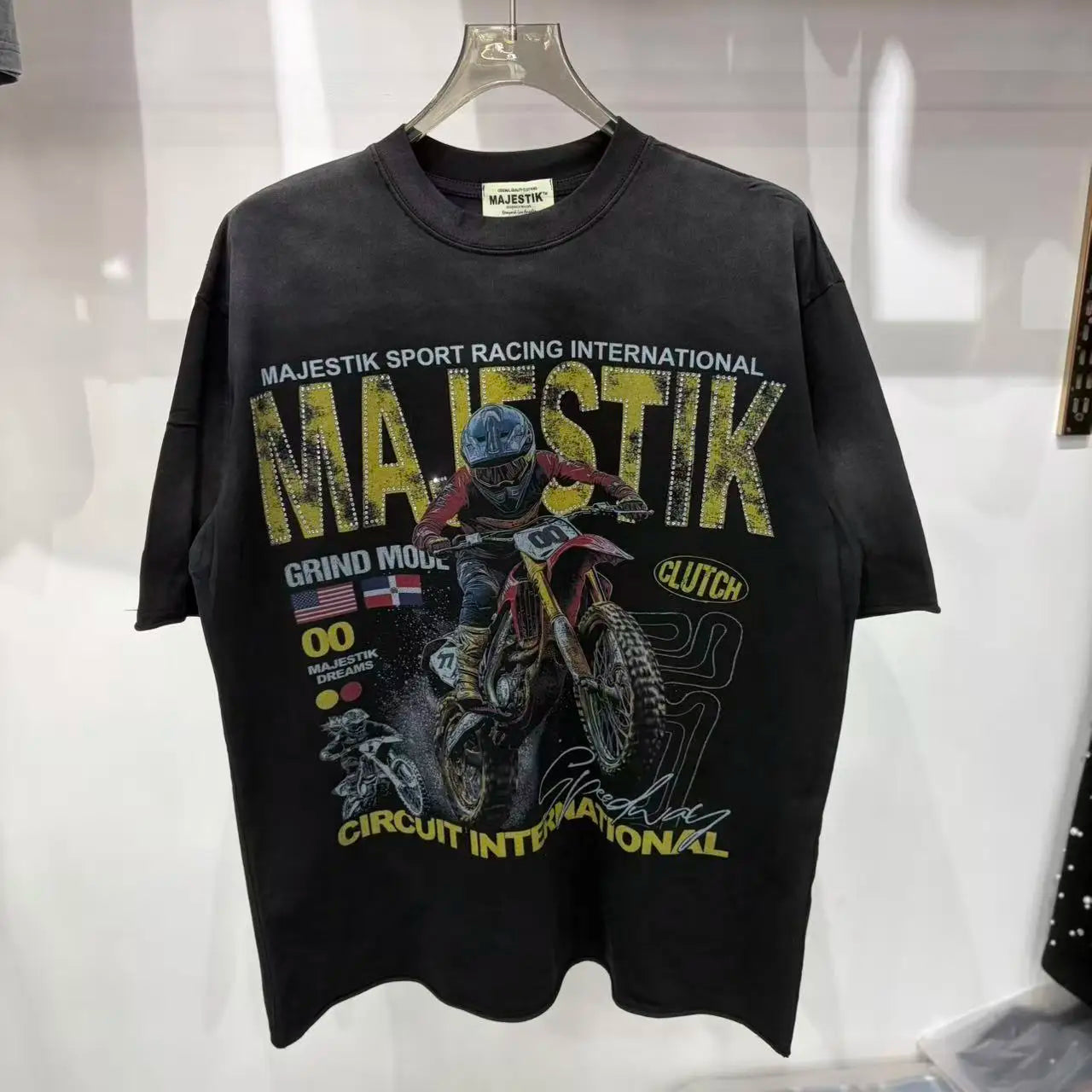2026 Summer New MAJESTIK Men's T-shirt with Letter Hotfix Rhinestone Print Breathable Lightweight Casual Hip-Hop Style 100% Cotton Men/women T-shirt